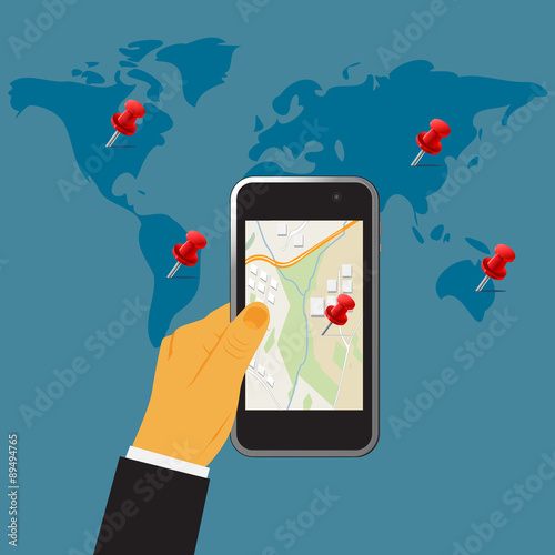 Hand holding digital cellphone,gps concept, vector illustration in flat design for web sites, Infographic design