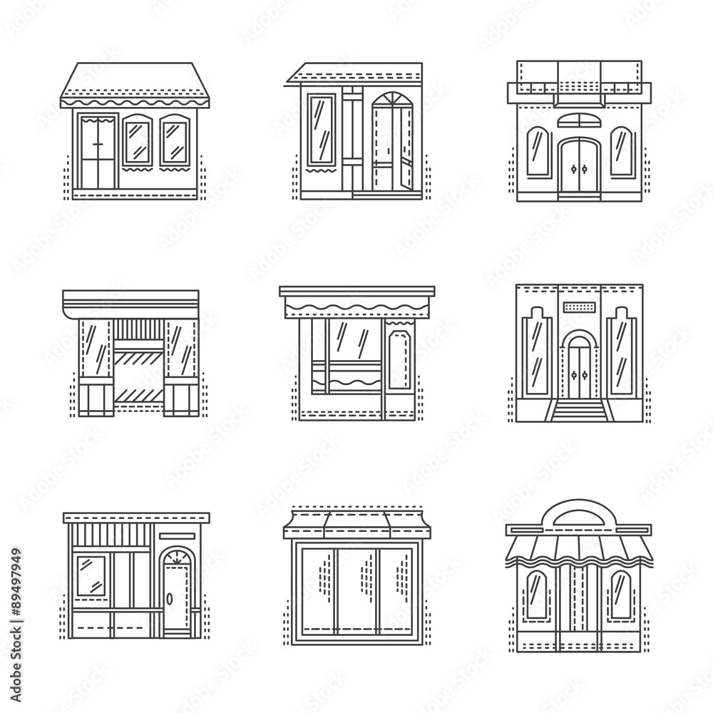 Store and shops line vector icons set