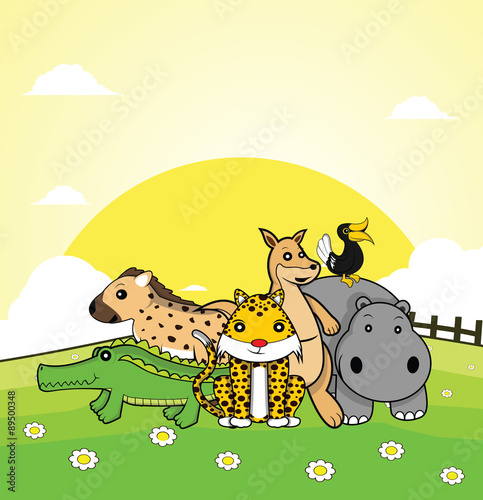 wild animal crocodile, hyena, cheetah, kangaroo, rhino, horn bill with grass land background