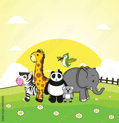 wild animal zebra,giraffe, panda, elephant, humming bird, koala with grass land background