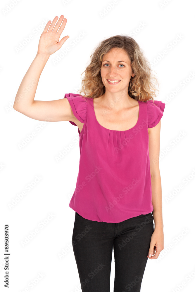 Beautiful woman doing different expressions in different sets of clothes: waving Beautiful woman doing different expressions in different sets of clothes: waving