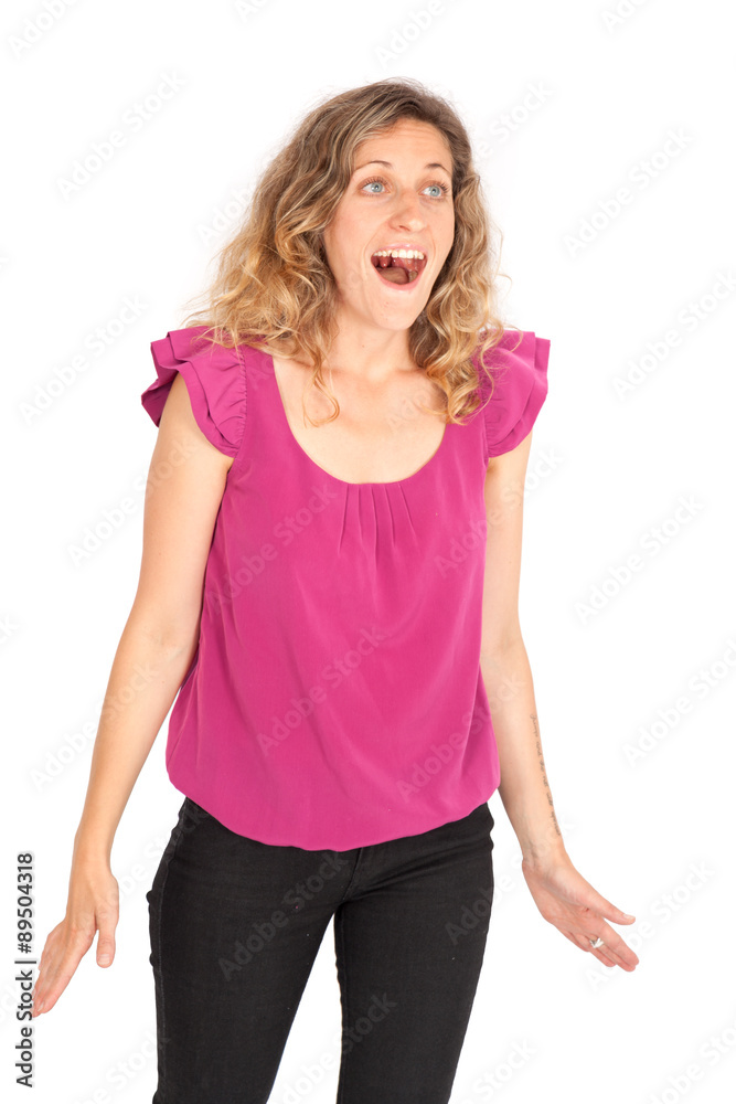 Beautiful woman doing different expressions in different sets of clothes: surprise Beautiful woman doing different expressions in different sets of clothes: surprise