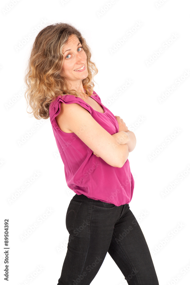 Beautiful woman doing different expressions in different sets of clothes: arms crossed Beautiful woman doing different expressions in different sets of clothes: arms crossed