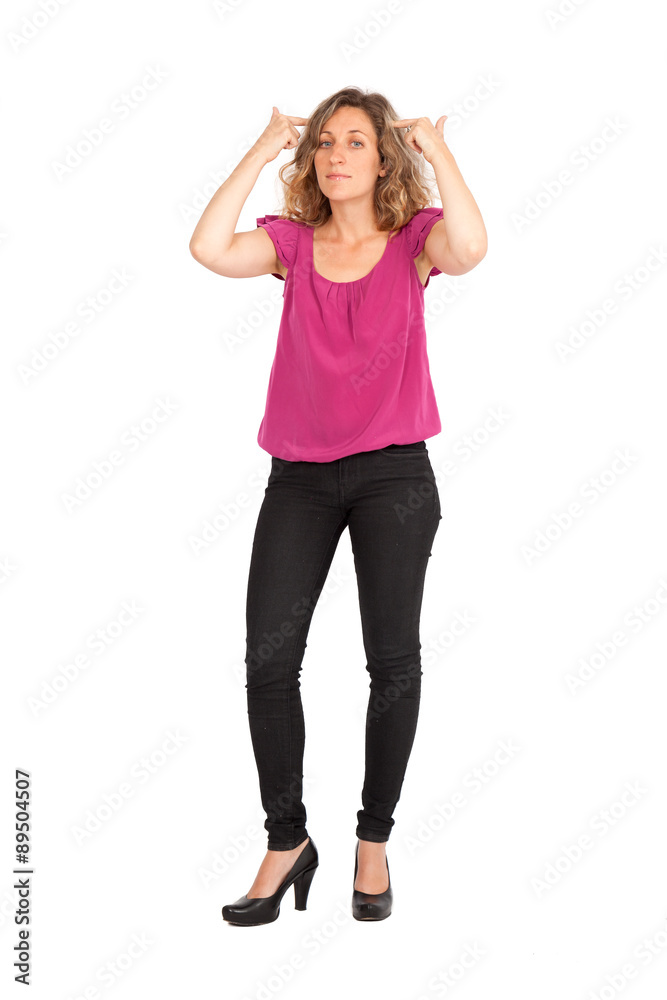 Beautiful woman doing different expressions in different sets of clothes: thinking Beautiful woman doing different expressions in different sets of clothes: thinking