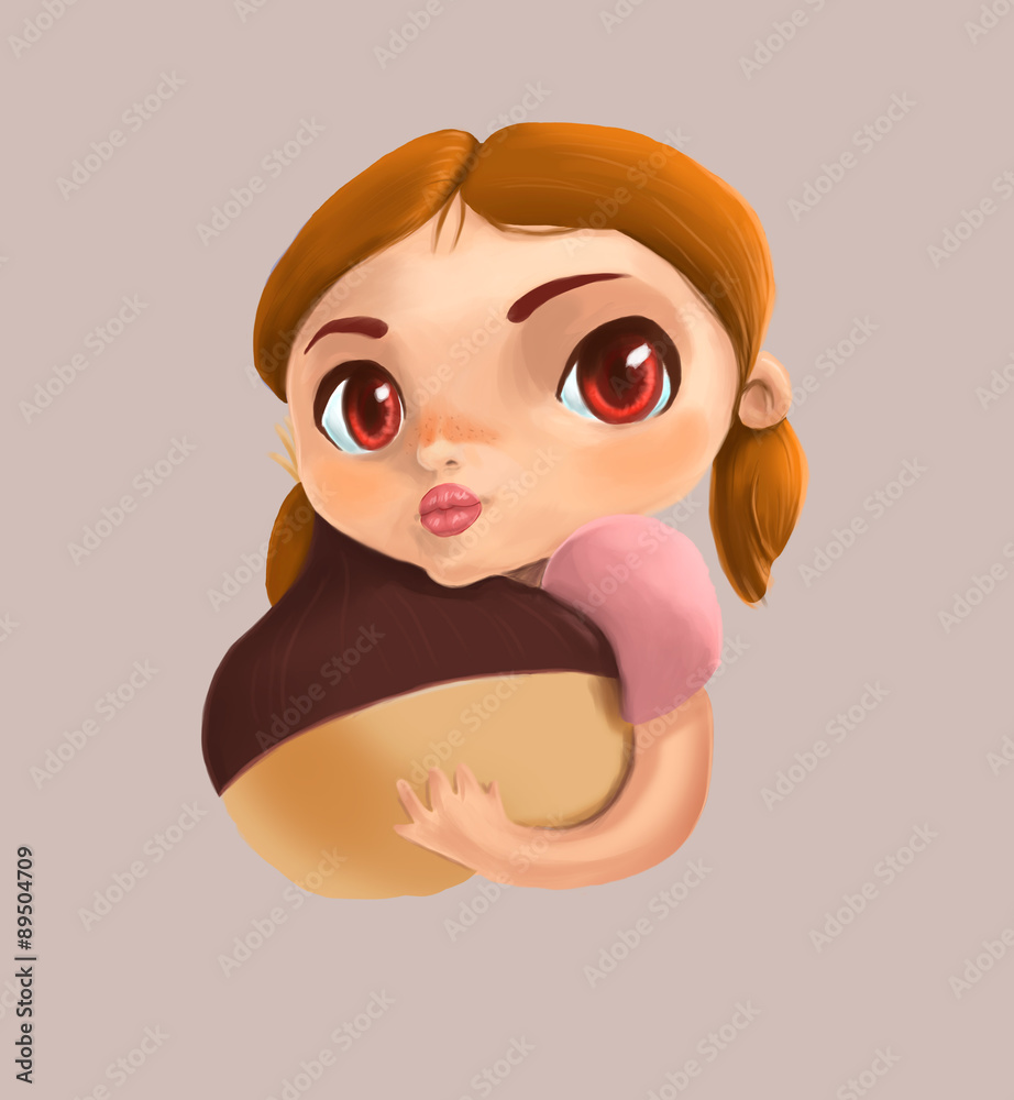 Illustration of a girl character hugging a chestnut. Illustration of a girl character hugging a chestnut.