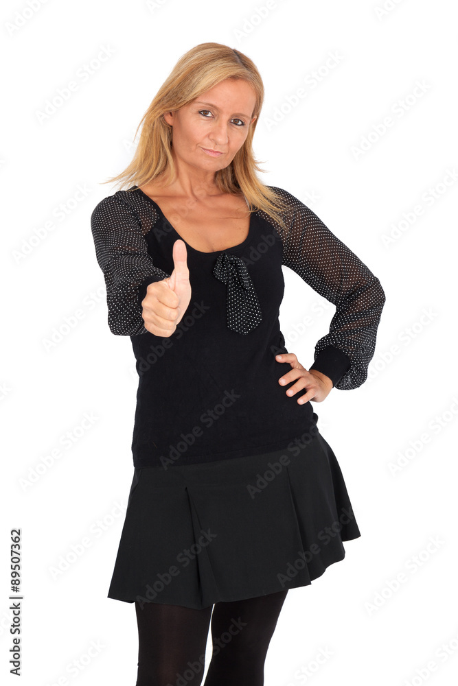 Beautiful woman doing different expressions in different sets of clothes: thumbs up