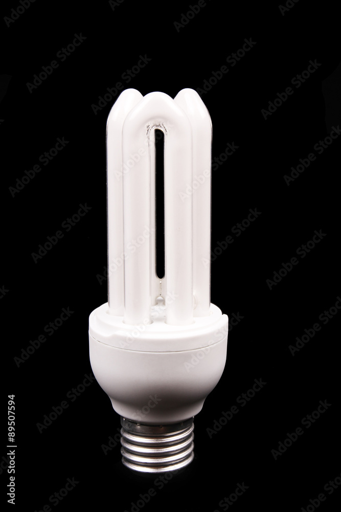 Energy efficient light bulb on black background