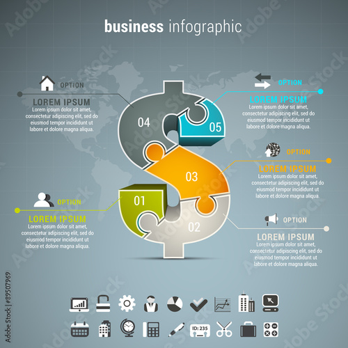 Business infographic with dollar made of puzzle.