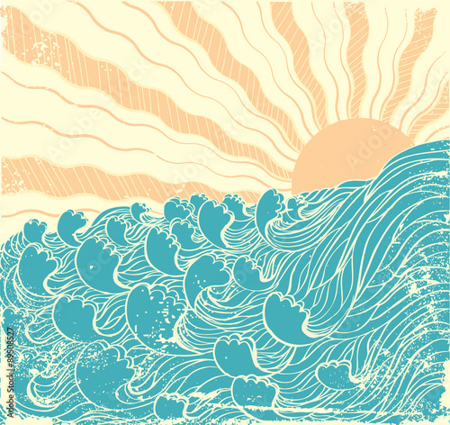 Sea waves. Vector grunge illustration of sea landscapewith sun