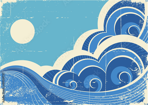 Abstract sea waves. Vector grunge illustration of sea landscape