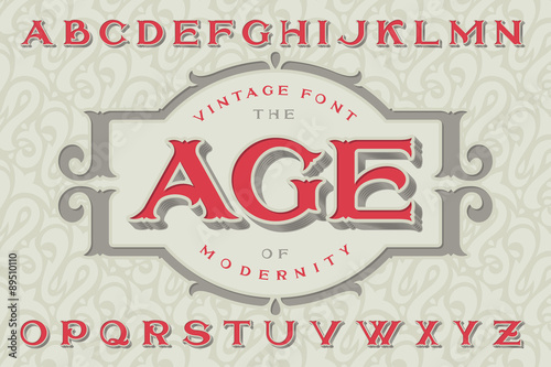 Vintage font "The Age of Modernity". Stylish retro art-nouveau typeface with engraved technique embossing. With decorative ornate frame.