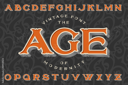 Vintage font "The Age of Modernity". Stylish retro art-nouveau typeface with engraved technique embossing. With dark seamless pattern on background.