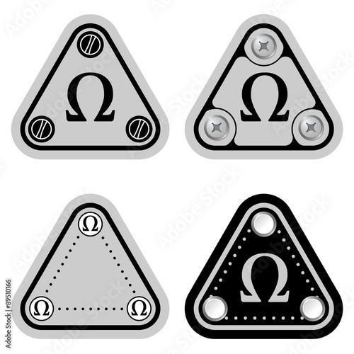 Set of four flat simple triangles and omega symbol
