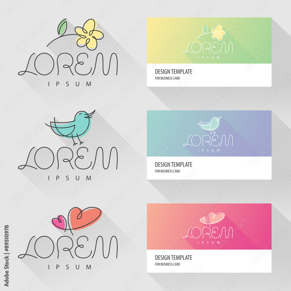Flower bird and hearts logo design elements with visit card template