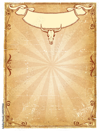 Cowboy old paper background with bull skull