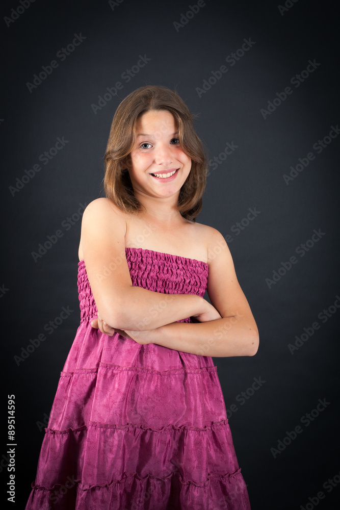Beautiful girl doing different expressions in different sets of clothes: arms crossed