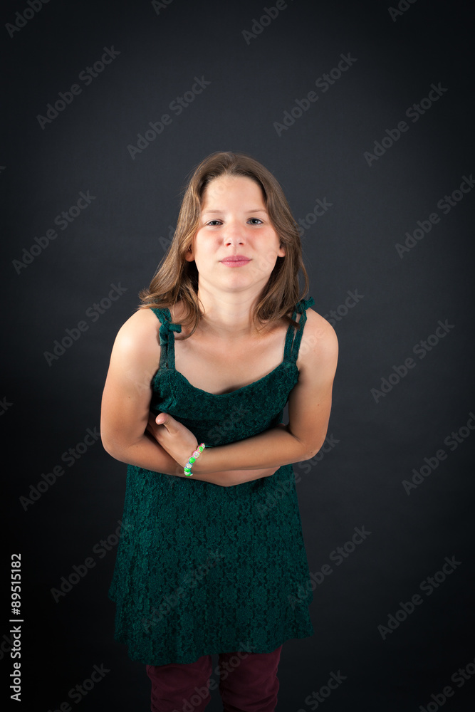 Beautiful girl doing different expressions in different sets of clothes: stomachache Beautiful girl doing different expressions in different sets of clothes: stomachache