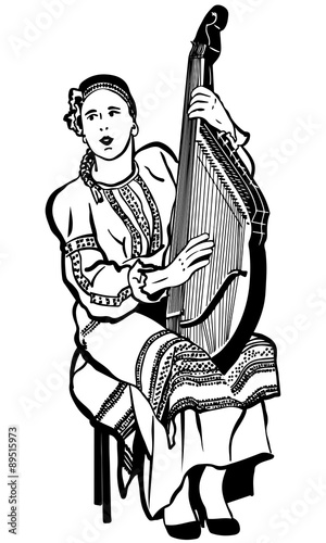 young girl in a national Ukrainian suit playing the bandura