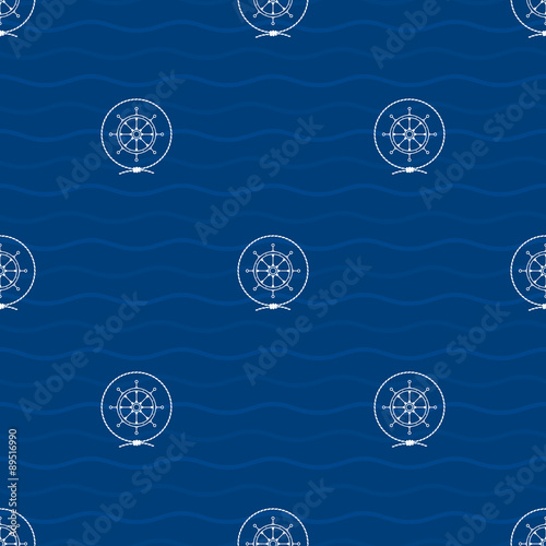 Seamless Pattern with a Ship's Wheel  on a Background of Waves,a Ship's Wheel  in the Middle of a Rope on a Blue Background , Seamless Pattern with Marine Element for Web Design or Wallpaper or Fabric