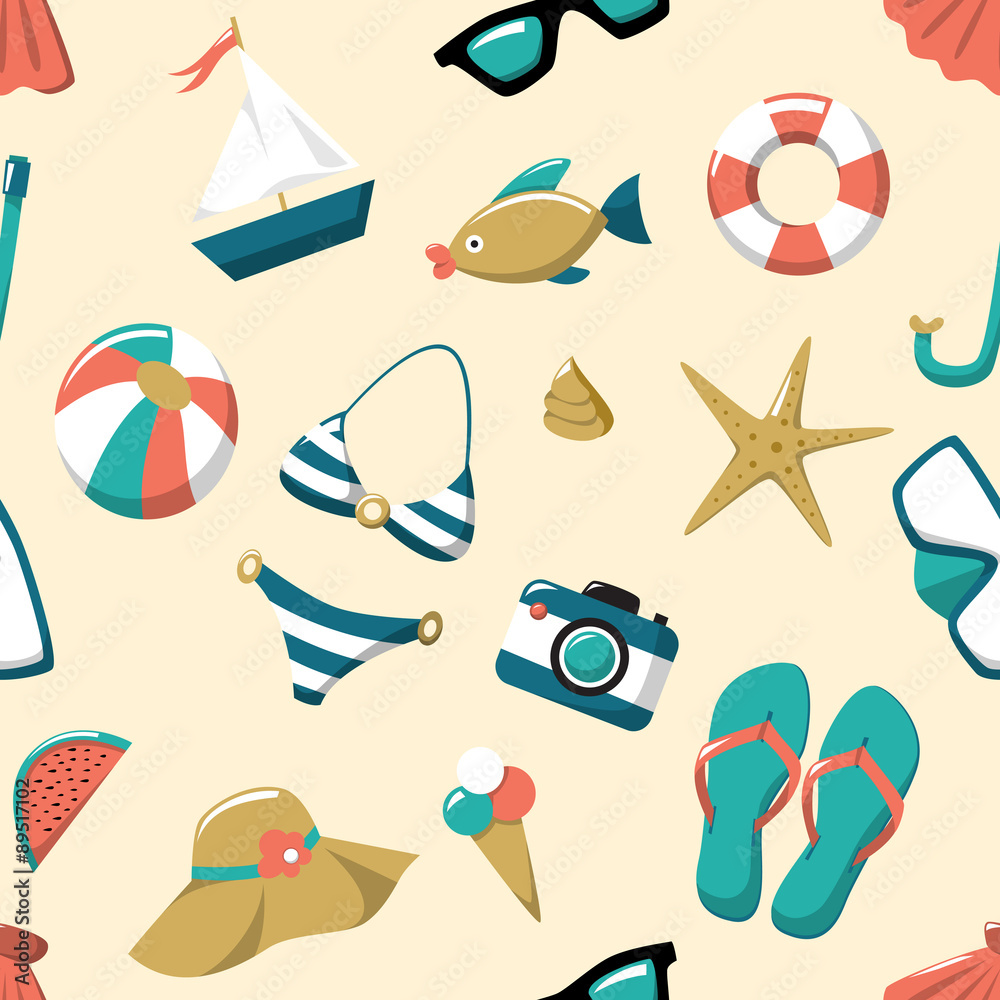 Summer time. Seamless pattern vector illustration of summer icons. Can be used for textile, card,...
