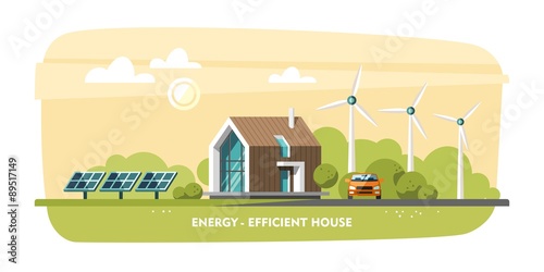 Green energy, energy-efficient house, passive house, eco house, ecology. Flat design vector concept illustration.