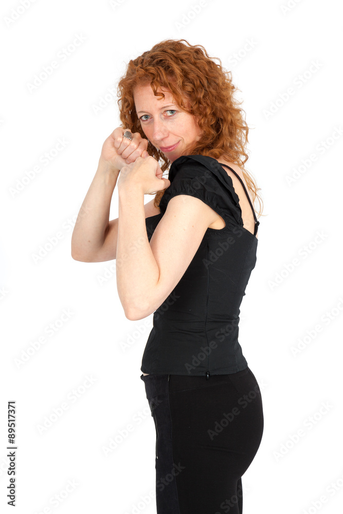 Beautiful woman doing different expressions in different sets of clothes: boxing Beautiful woman doing different expressions in different sets of clothes: boxing