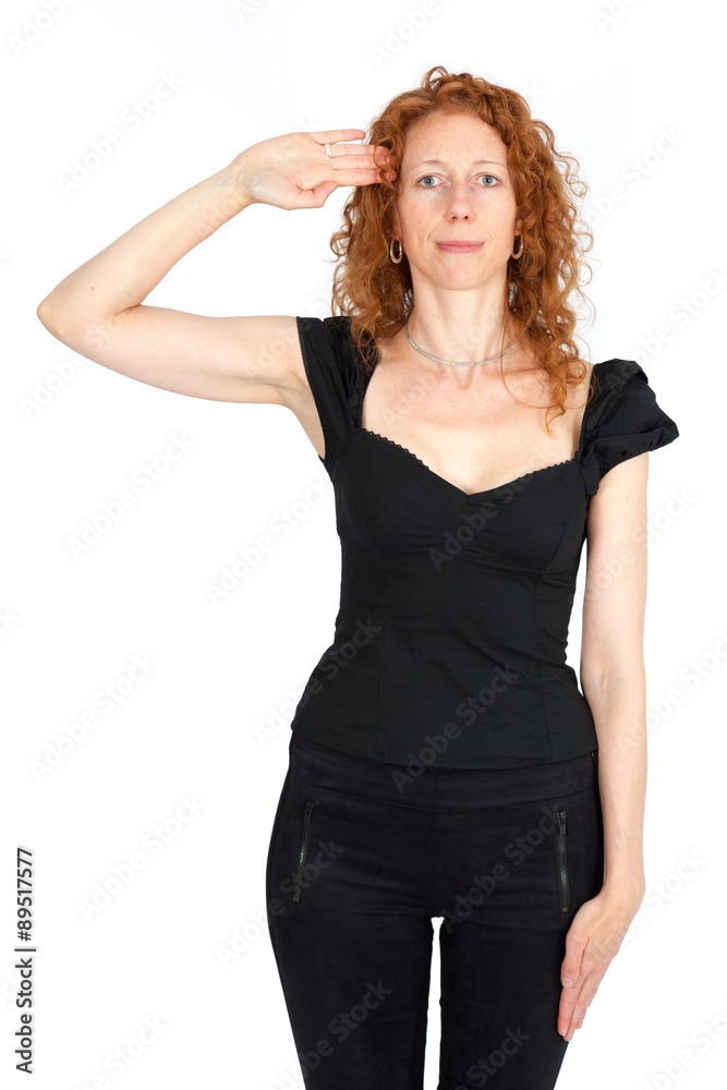 Beautiful woman doing different expressions in different sets of clothes: at attention Beautiful woman doing different expressions in different sets of clothes: at attention
