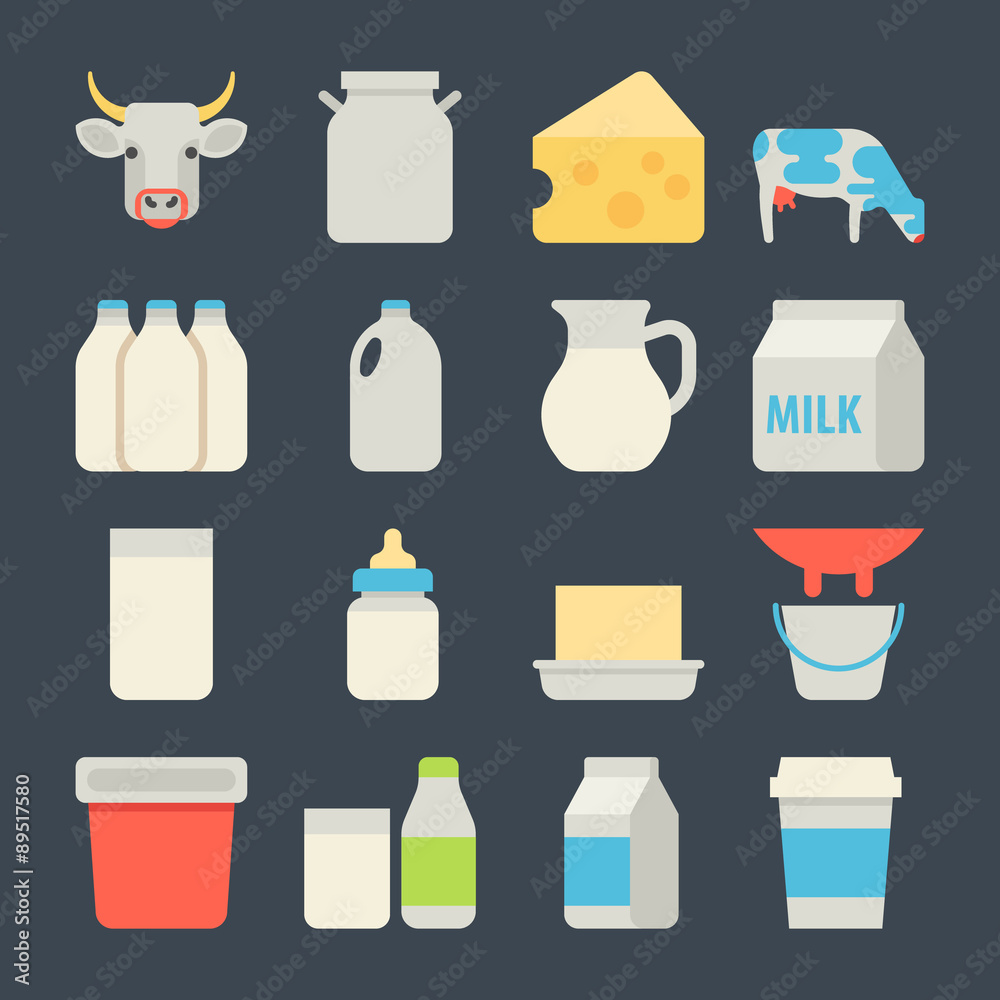 Milk icons flat set with cow butter cheese vector illustration Milk icons flat set with cow butter cheese vector illustration
