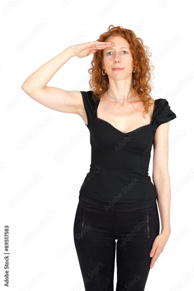 Beautiful woman doing different expressions in different sets of clothes: at attention Beautiful woman doing different expressions in different sets of clothes: at attention