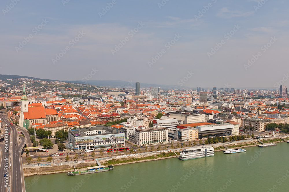 View of Bratislava city from SNP bridge observation desk