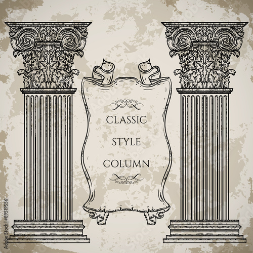 Antique and baroque classic style column and ribbon banner vector set. Vintage architectural details design elements on grunge background in sketch style