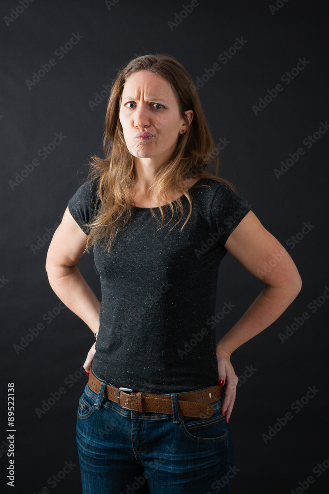 Beautiful woman doing different expressions in different sets of clothes: tired