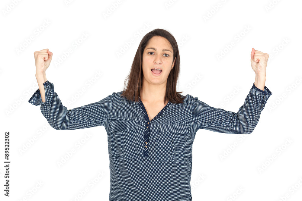 Beautiful women doing different expressions in different sets of clothes: arms raised Beautiful women doing different expressions in different sets of clothes: arms raised