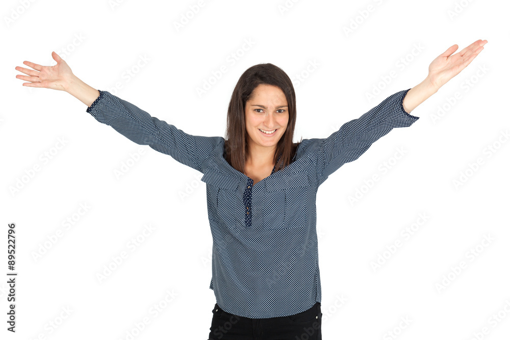 Beautiful women doing different expressions in different sets of clothes: joy Beautiful women doing different expressions in different sets of clothes: joy