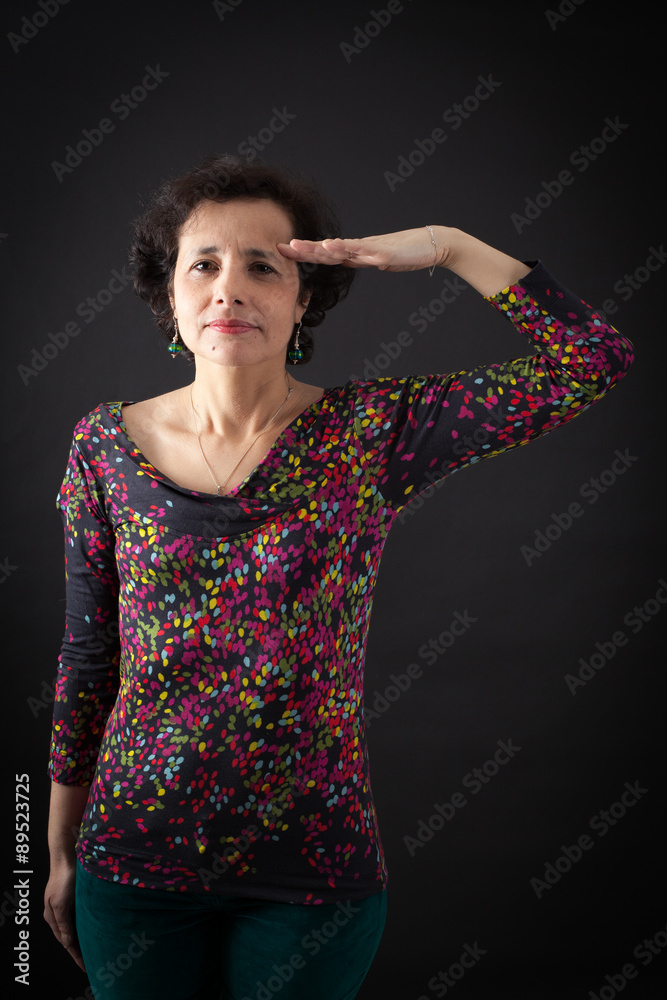 beautiful woman doing different expressions in different sets of clothes: at attention beautiful woman doing different expressions in different sets of clothes: at attention