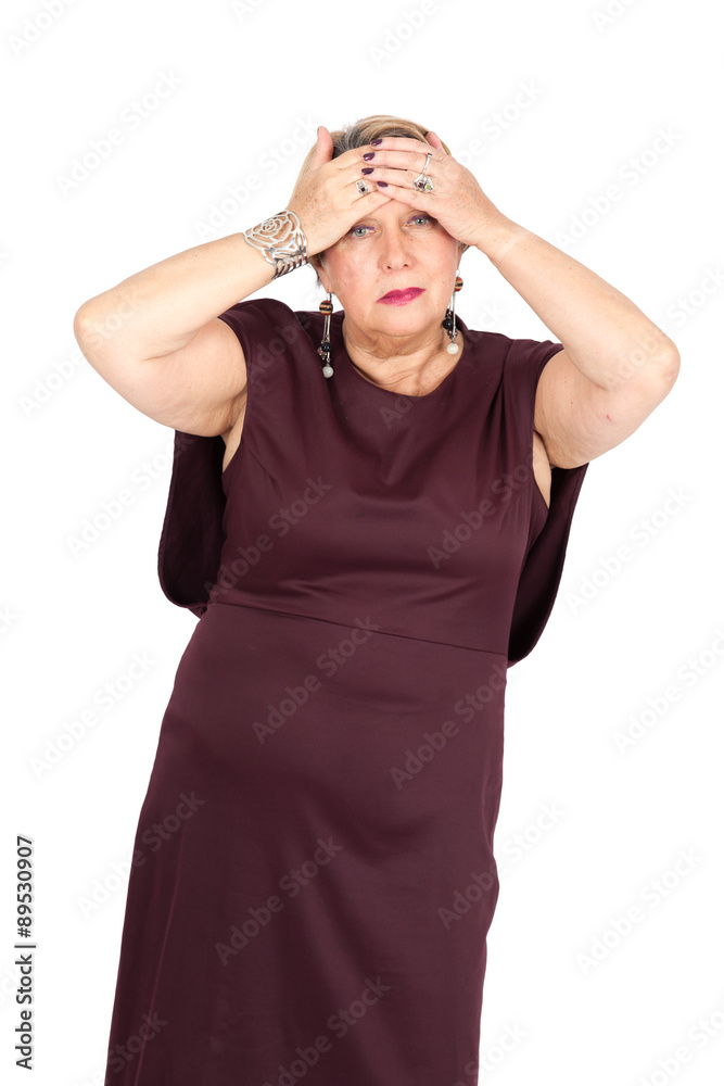 Beautiful woman doing different expressions in different sets of clothes: headache Beautiful woman doing different expressions in different sets of clothes: headache