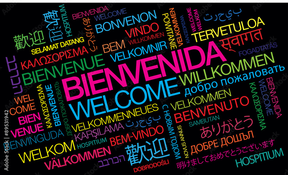 Bienvenida saludo recibimiento acogida welcome willkommen benvenuto  bienvenido color de nubes palabras coloridas texto saludos ilustração do  Stock