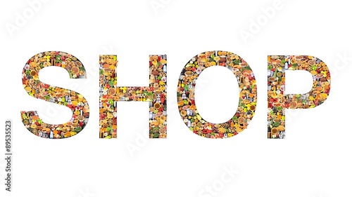 The word 'SHOP' written in various foodstuffs