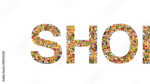 The word 'SHOP' written in various foodstuffs