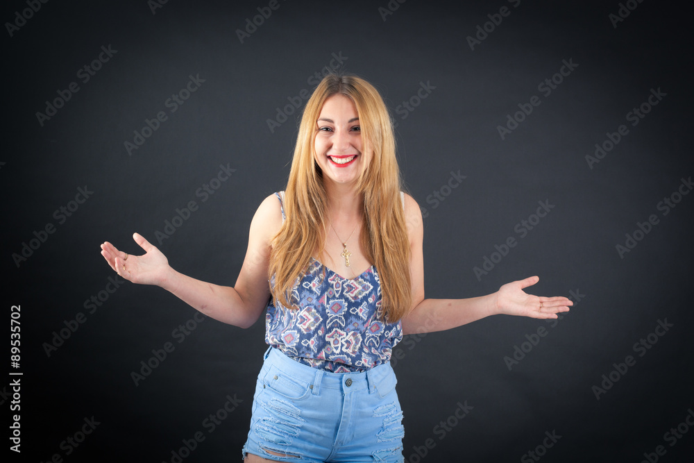Beautiful girl doing different expressions in different sets of clothes: joy Beautiful girl doing different expressions in different sets of clothes: joy