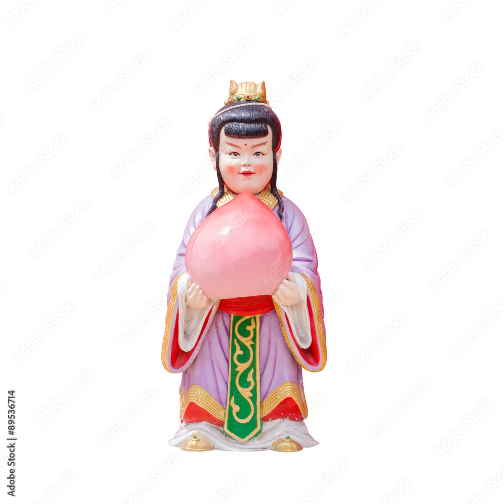Obraz premium Sculpture china doll holging a peach on white background