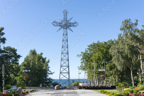 A replica of the cross of Giewont from the Tatra Mountains placed over the Baltic sea in Pustkowo, Poland