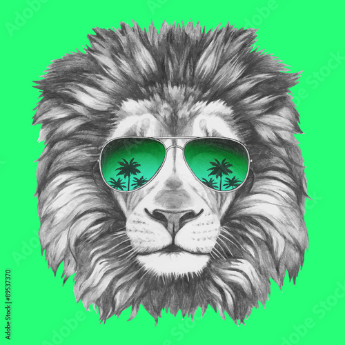 Hand drawn portrait of Lion with sunglasses. Vector isolated elements.