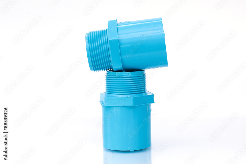 PVC pipe and fittings HS Blue. On a white background PVC pipe and fittings HS Blue. On a white background