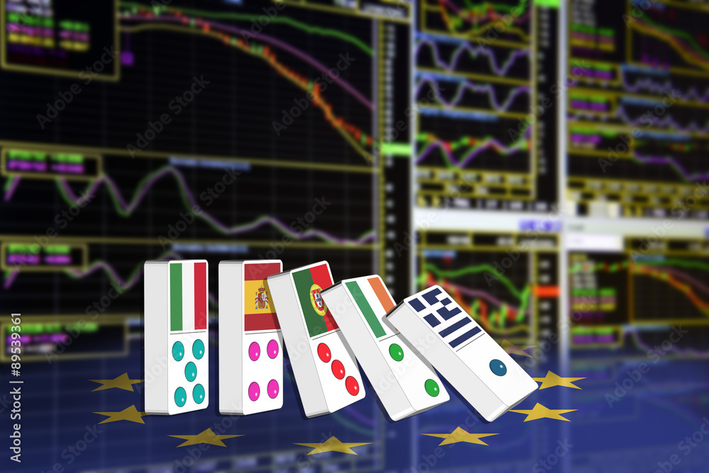 Five dominoes of EU countries that seem to have financial problem, stand upright in front of the display of financial instruments for stock market technical analysis.