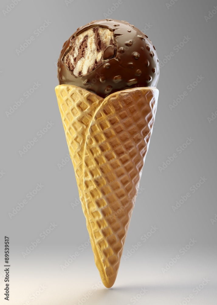 3d ice cream in vafle cone with nuts under the chocolate