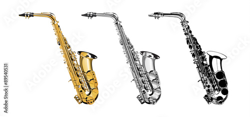 Vector Illustration saxophone isolated object on a white background, three kinds of golden, saxophone in shades of gray and a saxophone in a black contour. Illustration for mounting any illustrations