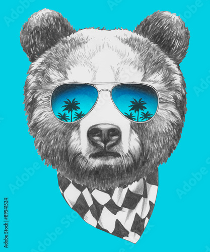 Portrait of Bear with mirror sunglasses.Vector