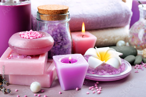 Spa treatments on colorful background. Lavender spa concept