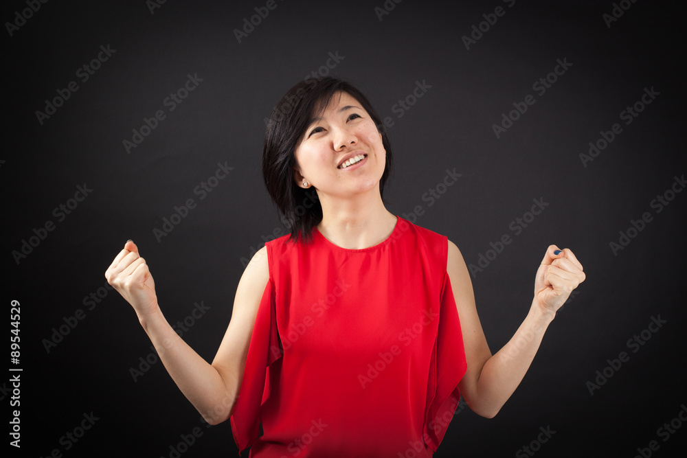Beautiful woman doing different expressions in different sets of clothes: arms raised Beautiful woman doing different expressions in different sets of clothes: arms raised